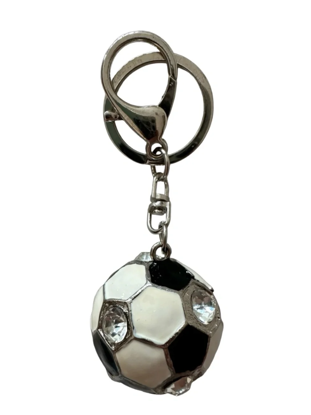 Silver-tone Zinc Alloy Soccer Ball Keychain Purse Charm 6” Black & White Enamel